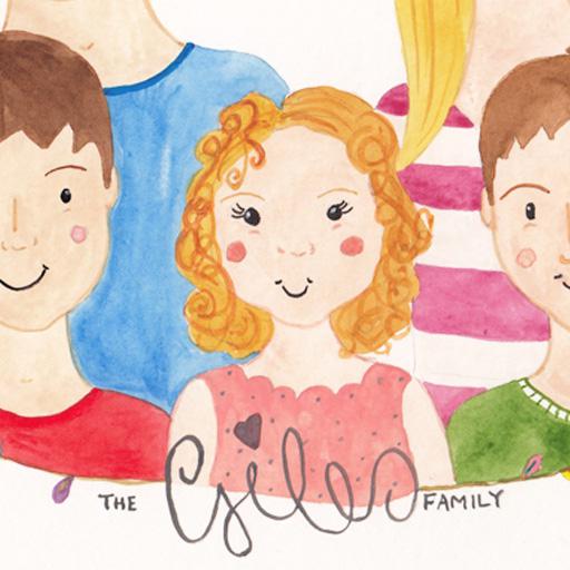 Giles family watercolour portrait, cropped to children