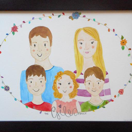 Framed watercolour portrait of the Giles family
