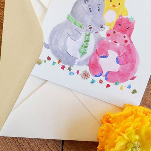 Hippo baby announcement stationery card and envelope